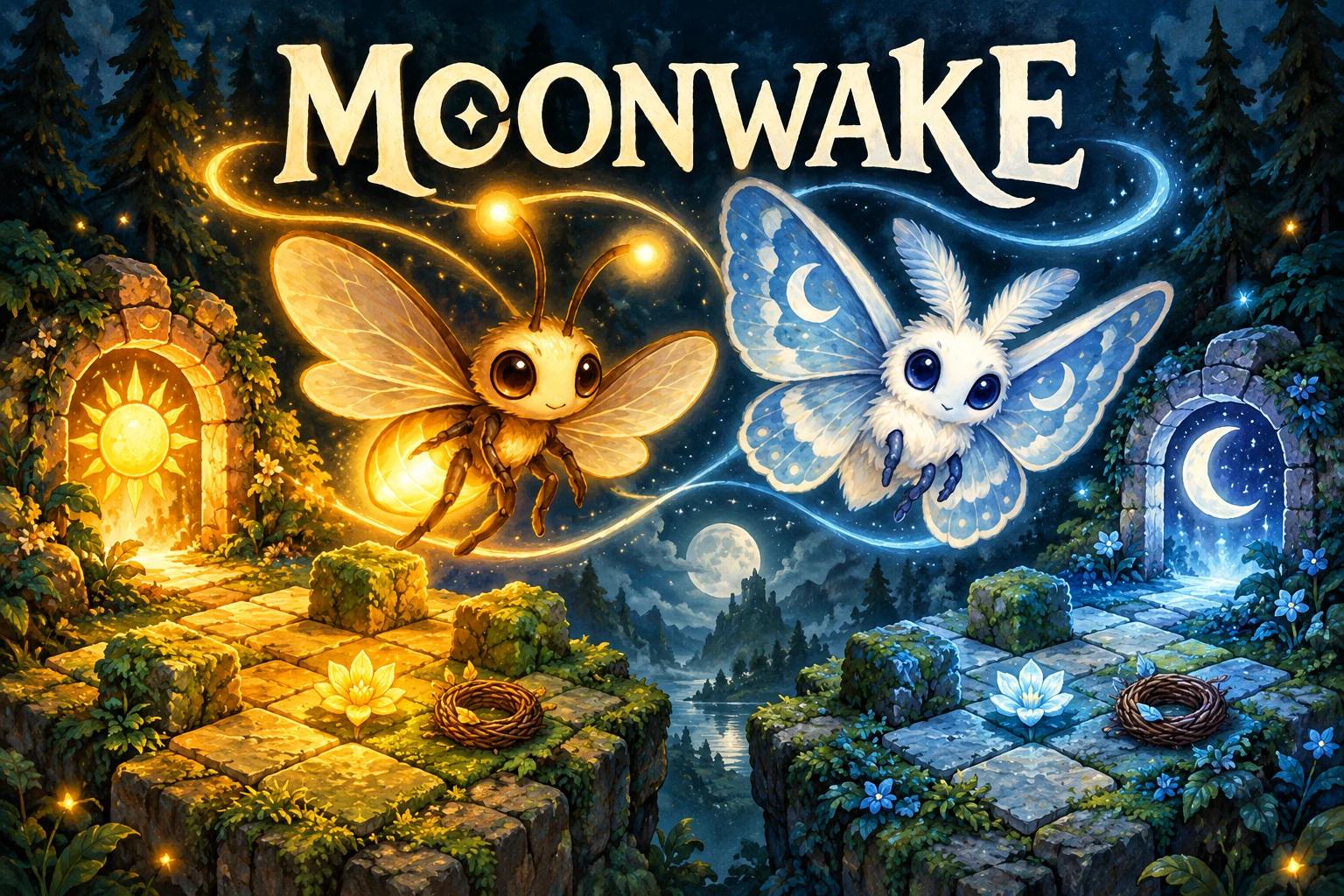 Copertina di Moonwake: una lucciola ambra e una falena blu sopra due giardini puzzle di pietra, con portali del sole e della luna