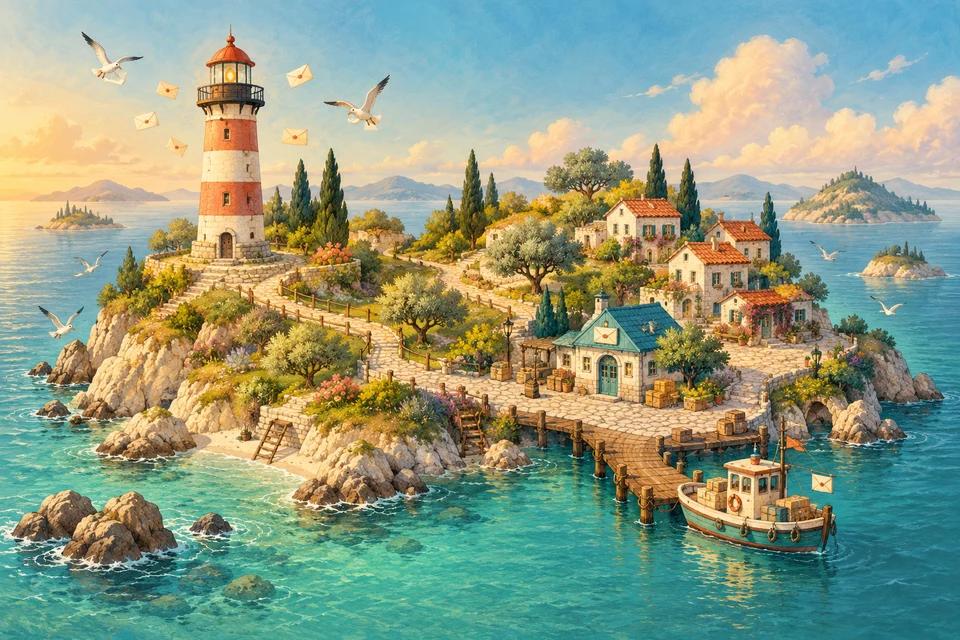 Un percorso postale dell'isola illustrato che collega il faro, il villaggio costiero e l'ufficio postale