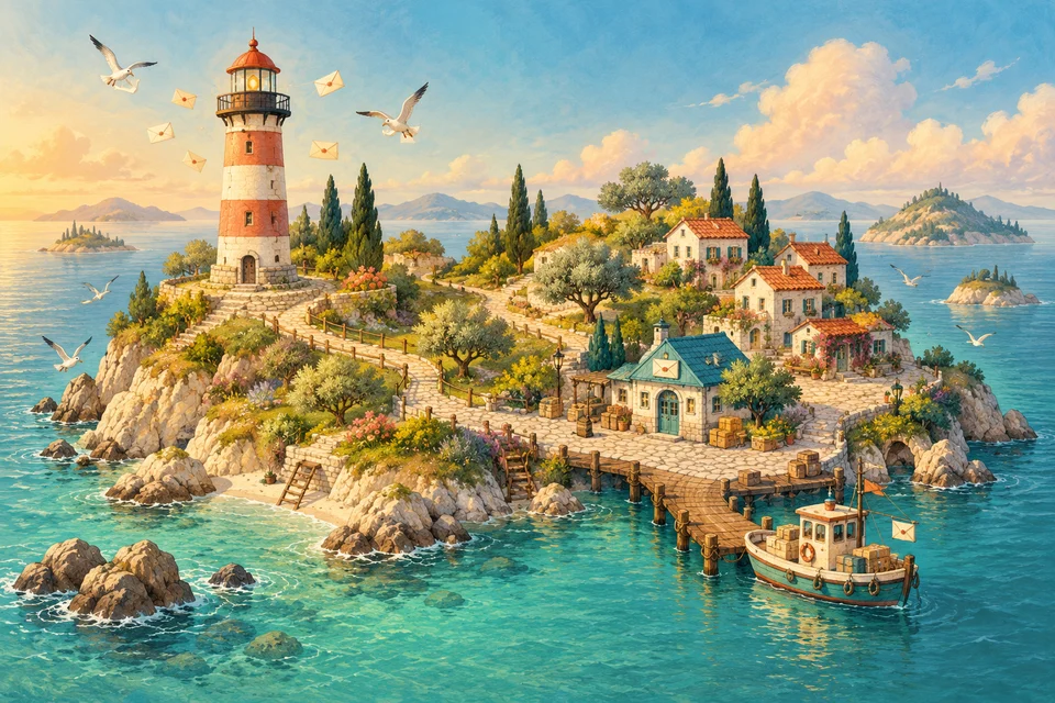 Un percorso postale dell'isola illustrato che collega il faro, il villaggio costiero e l'ufficio postale